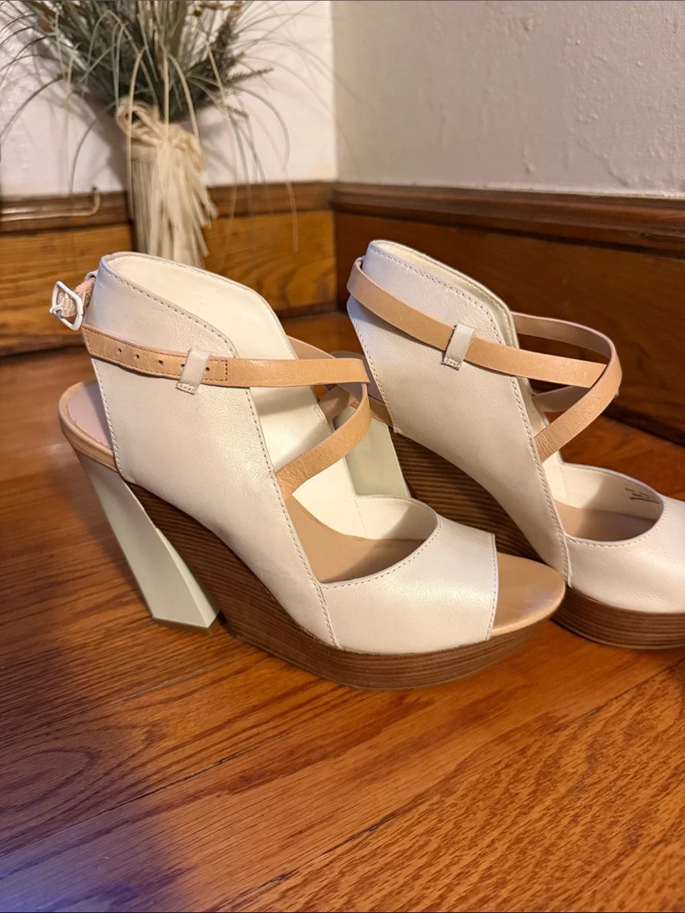 Cole Haan Cream Wedge Sandals with Tan Straps